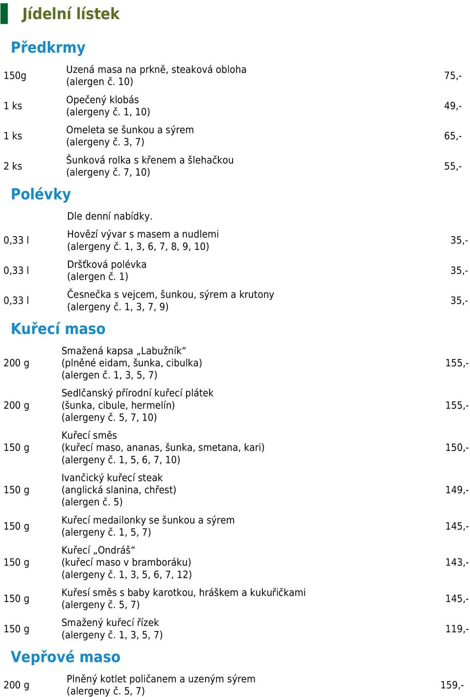 1, 3, 6, 7, 8, 9, 10) Dršťková polévka (alergen č. 1) Česnečka s vejcem, šunkou, sýrem a krutony (alergeny č. 1, 3, 7, 9) Smažená kapsa Labužník (plněné eidam, šunka, cibulka) (alergen č.