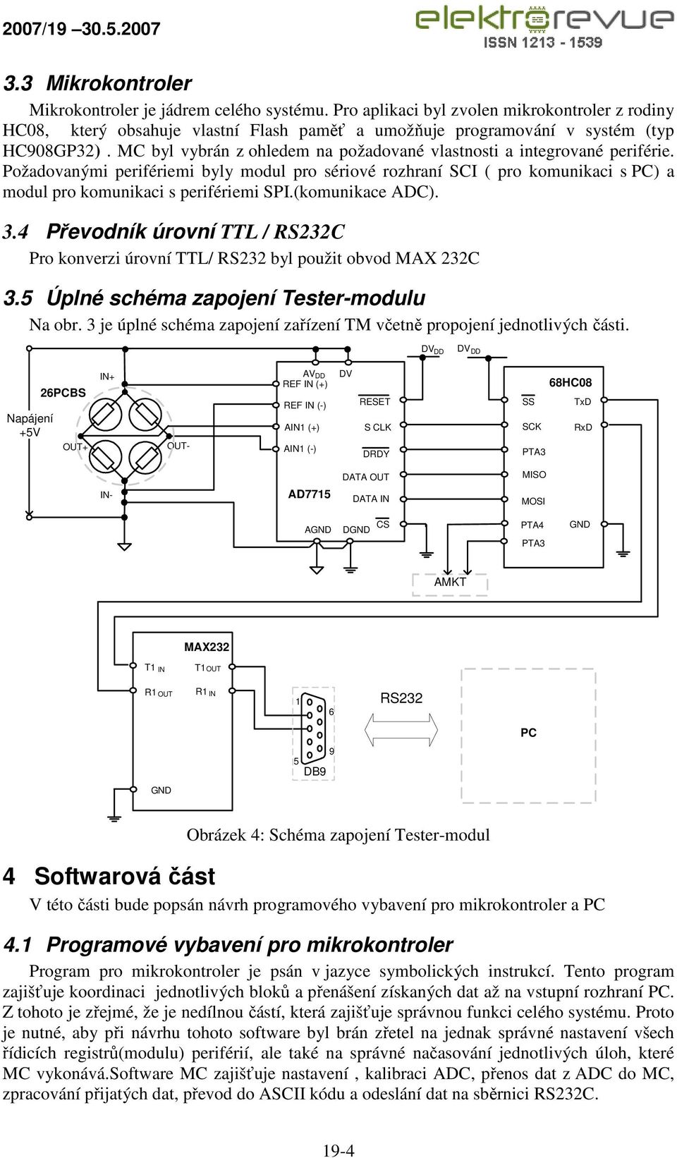 (komunikace ADC). 3.4 Převodník úrovní TTL / RS232C Pro konverzi úrovní TTL/ RS232 byl použit obvod MAX 232C 3.5 Úplné schéma zapojení Tester-modulu Na obr.