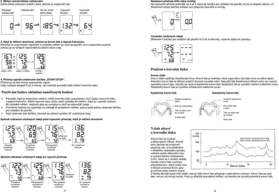 Stisknutím tohoto tlačítka můžete nyní přepínat mezi kpa a mmhg. 3. Když je měření ukončené, zobrazí se krevní tlak a tepová frekvence.
