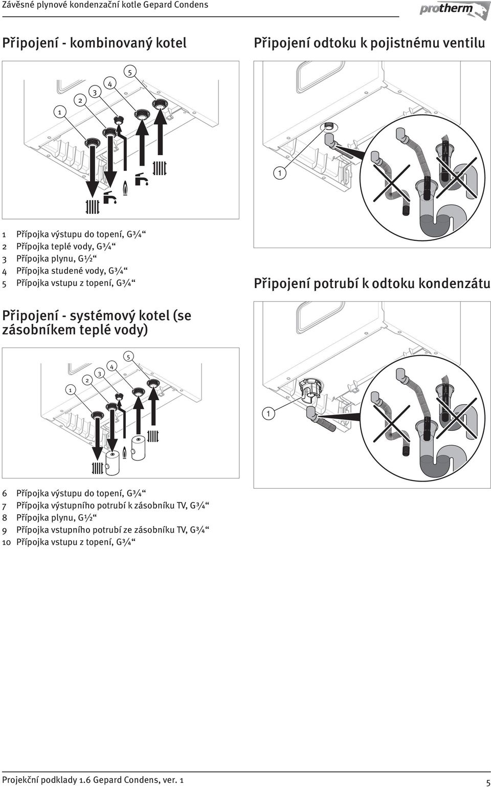 systémový kotel (se zásobníkem teplé vody) Přípojka výstupu do topení, G¾ 7 Přípojka výstupního potrubí k zásobníku TV, G¾ 8