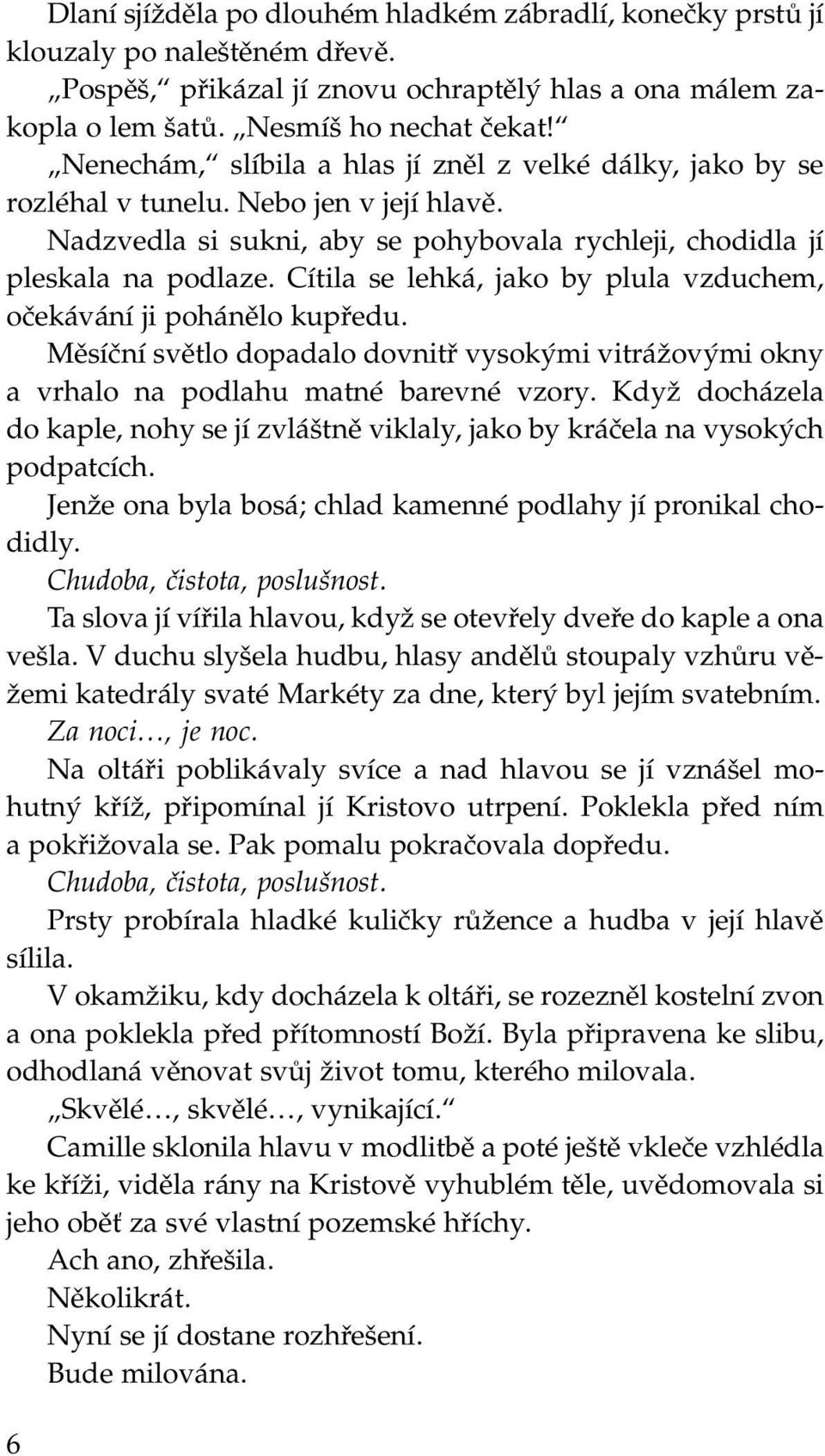 Cítila se lehká, jako by plula vzduchem, očekávání ji pohánělo kupředu. Měsíční světlo dopadalo dovnitř vysokými vitrážovými okny a vrhalo na podlahu matné barevné vzory.