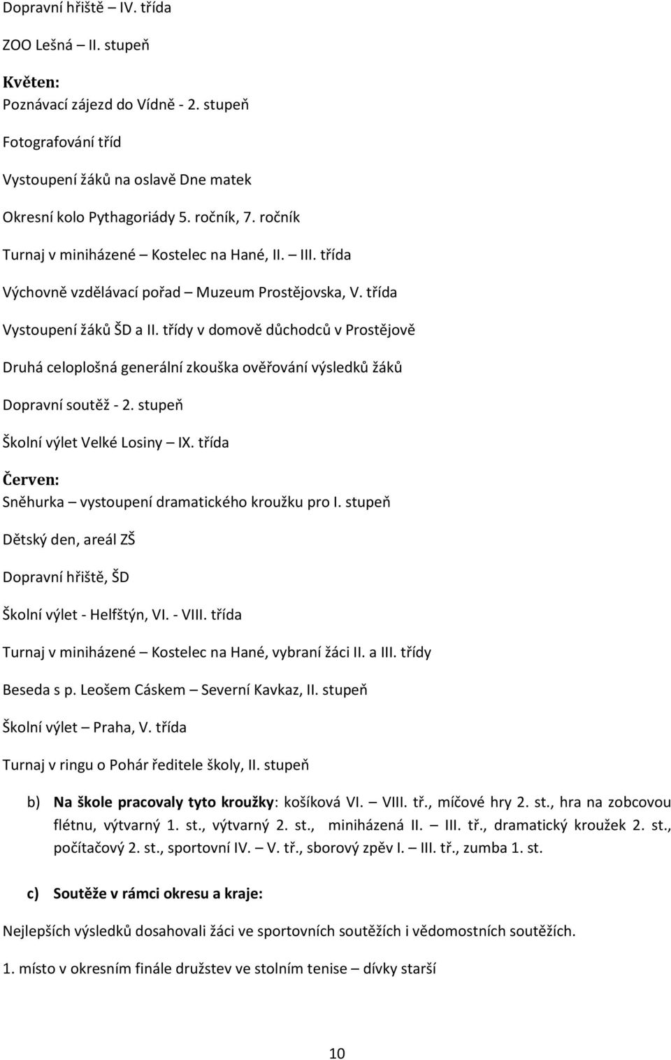 třídy v domově důchodců v Prostějově Druhá celoplošná generální zkouška ověřování výsledků žáků Dopravní soutěž - 2. stupeň Školní výlet Velké Losiny IX.