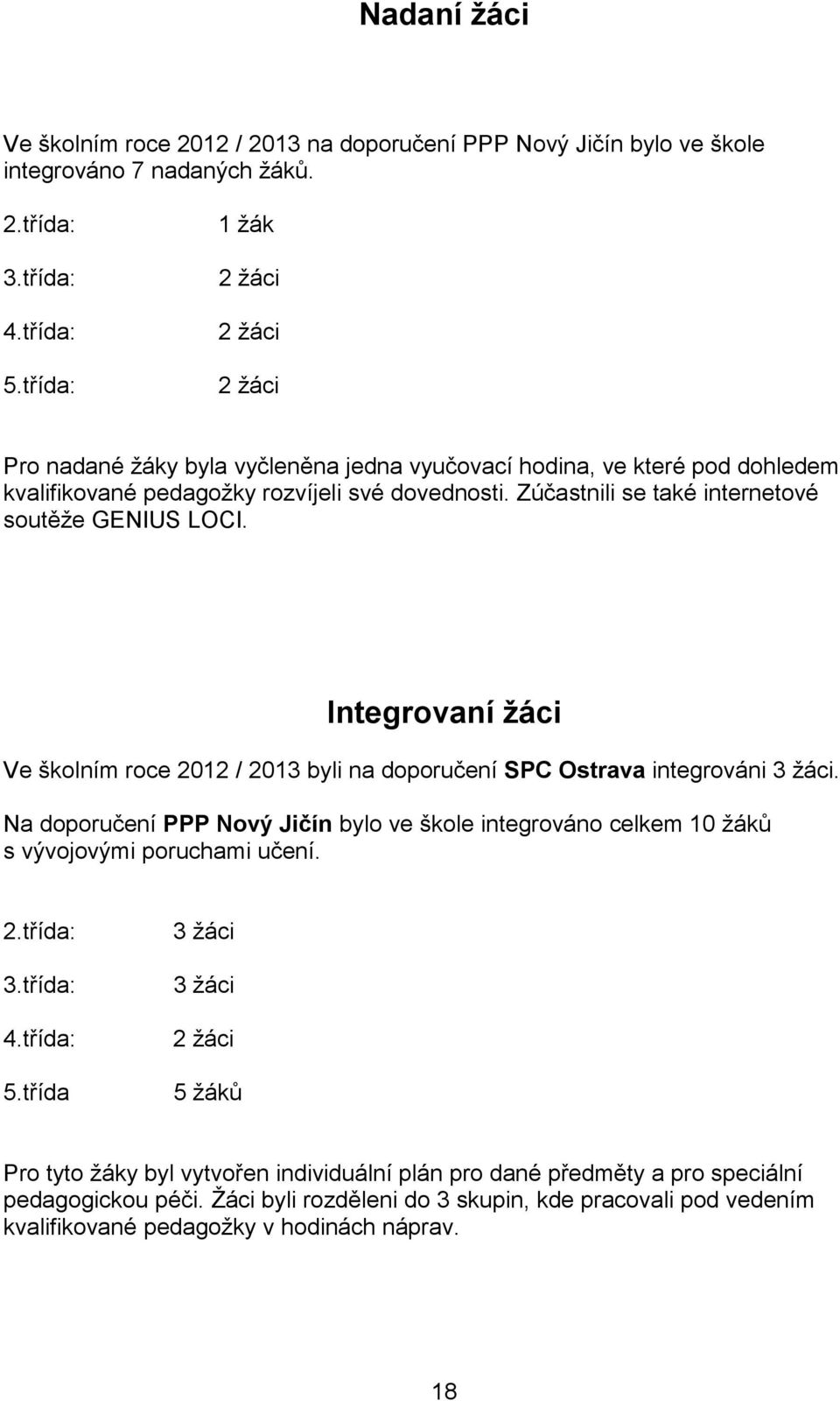 Zúčastnili se také internetové soutěže GENIUS LOCI. Integrovaní žáci Ve školním roce 2012 / 2013 byli na doporučení SPC Ostrava integrováni 3 žáci.