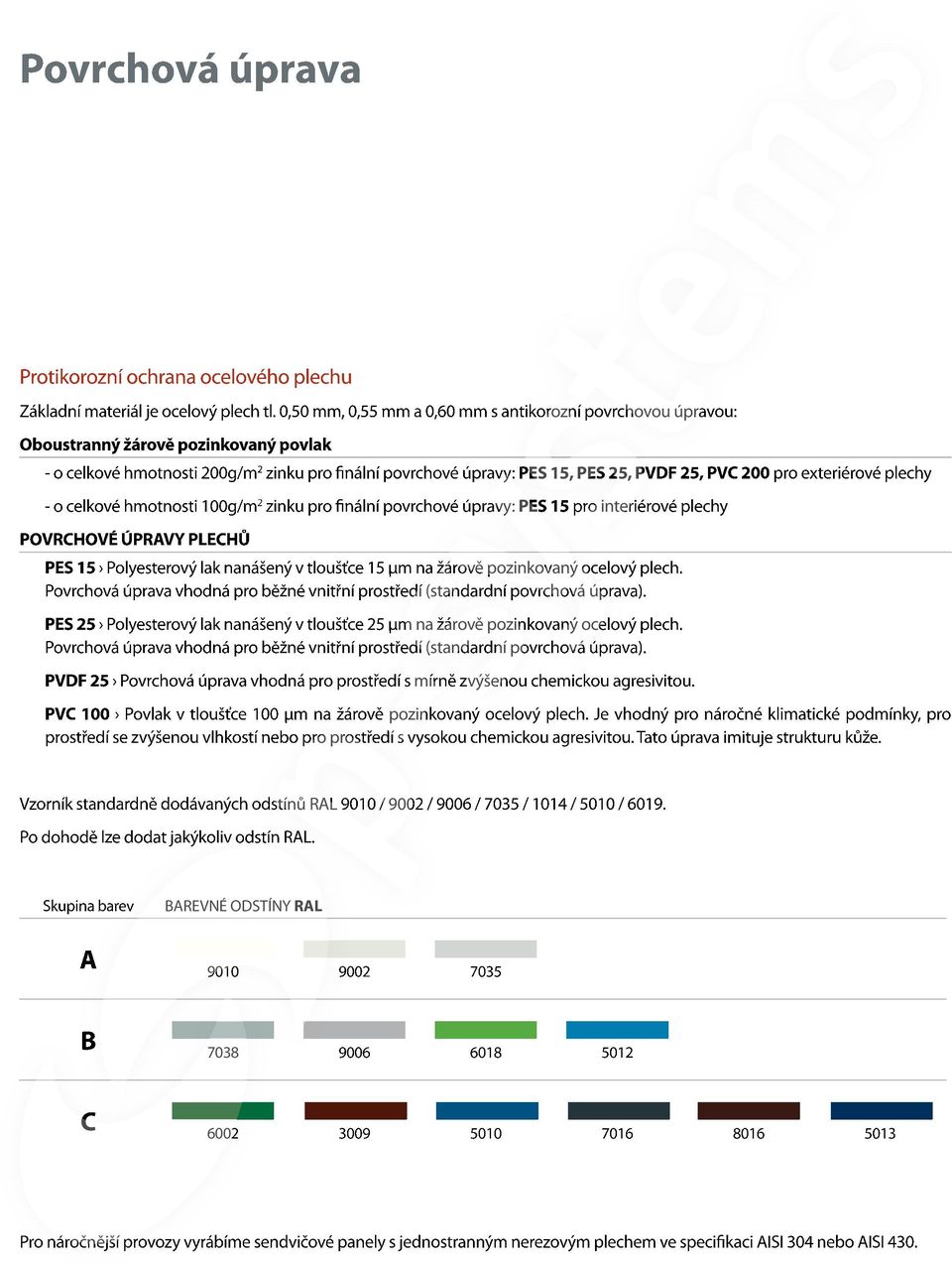 pro exteriérové plechy - o celkové hmotnosti 100g/m 2 zinku pro finální povrchové úpravy: PES 15 pro interiérové plechy POVRCHOVÉ ÚPRAVY PLECHŮ PES 15 Polyesterový lak nanášený v tloušťce 15 µm na
