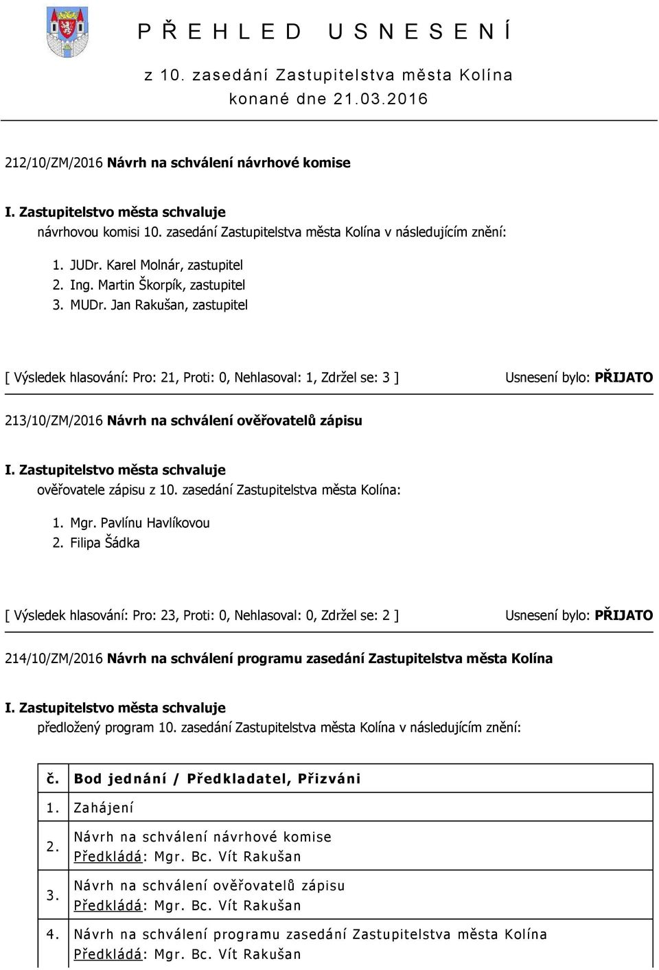 Jan Rakušan, zastupitel [ Výsledek hlasování: Pro: 21, Proti: 0, Nehlasoval: 1, Zdržel se: 3 ] 213/10/ZM/2016 Návrh na schválení ověřovatelů zápisu ověřovatele zápisu z 10.