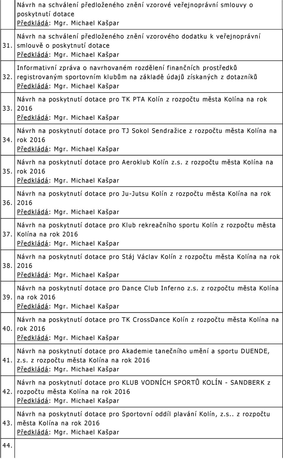 na základě údajů získaných z dotazníků Návrh na poskytnutí dotace pro TK PTA Kolín z rozpočtu města Kolína na rok 2016 Návrh na poskytnutí dotace pro TJ Sokol Sendražice z rozpočtu města Kolína na