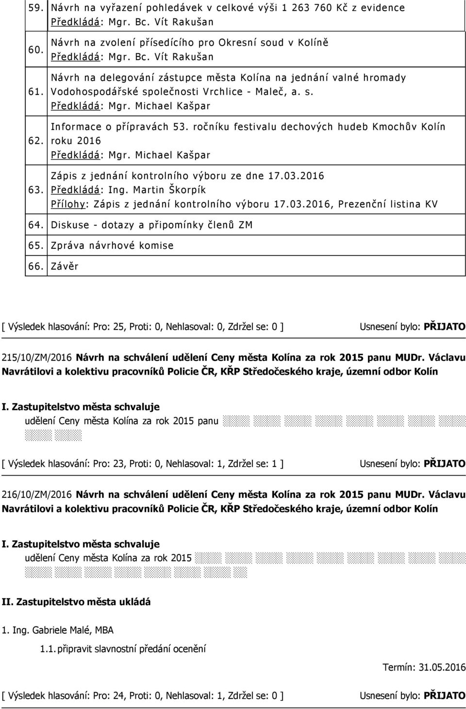 Vít Rakušan Návrh na delegování zástupce města Kolína na jednání valné hromady Vodohospodářské společnosti Vrchlice - Maleč, a. s. Informace o přípravách 53.