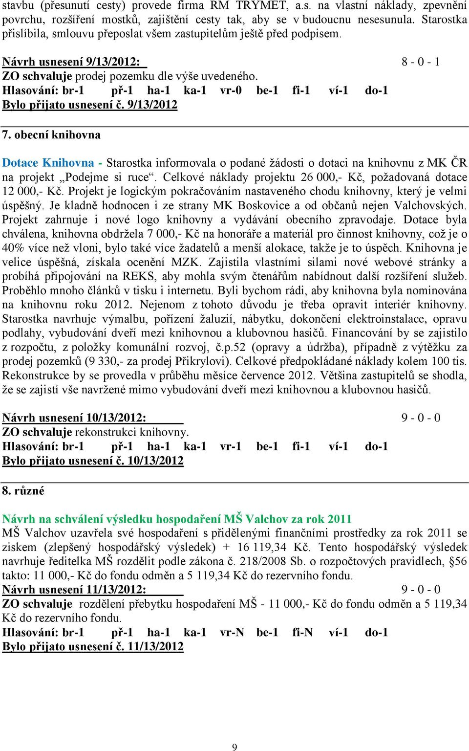 Hlasování: br- př- ha- ka- vr-0 be- fi- ví- do- Bylo přijato usnesení č. 9/3/202 7.