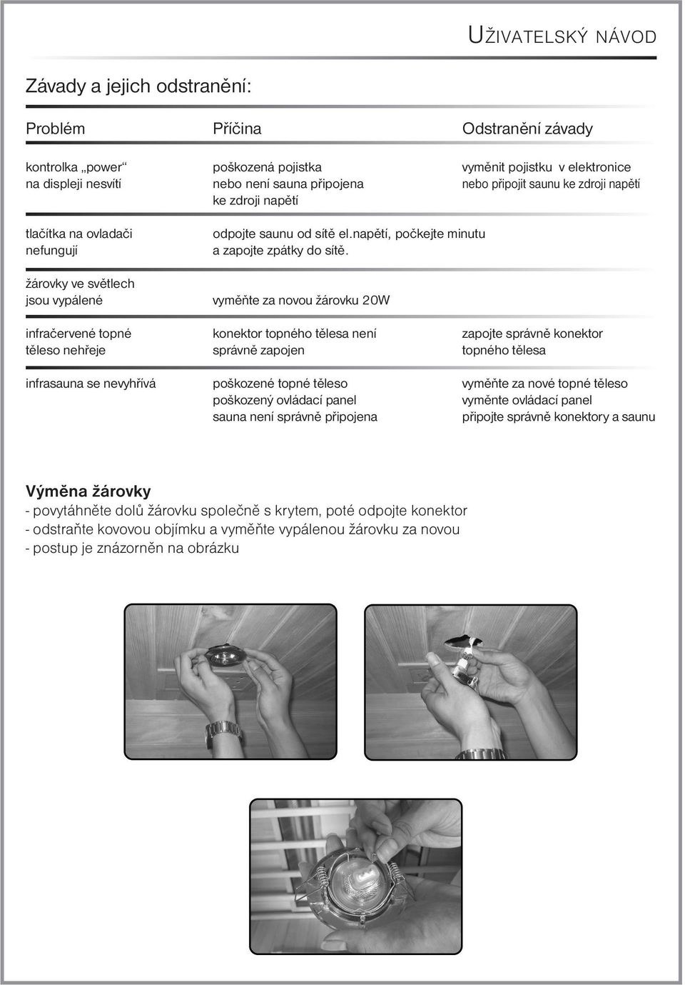 vyměňte za novou žárovku 20W infračervené topné konektor topného tělesa není zapojte správně konektor těleso nehřeje správně zapojen topného tělesa infrasauna se nevyhřívá poškozené topné těleso