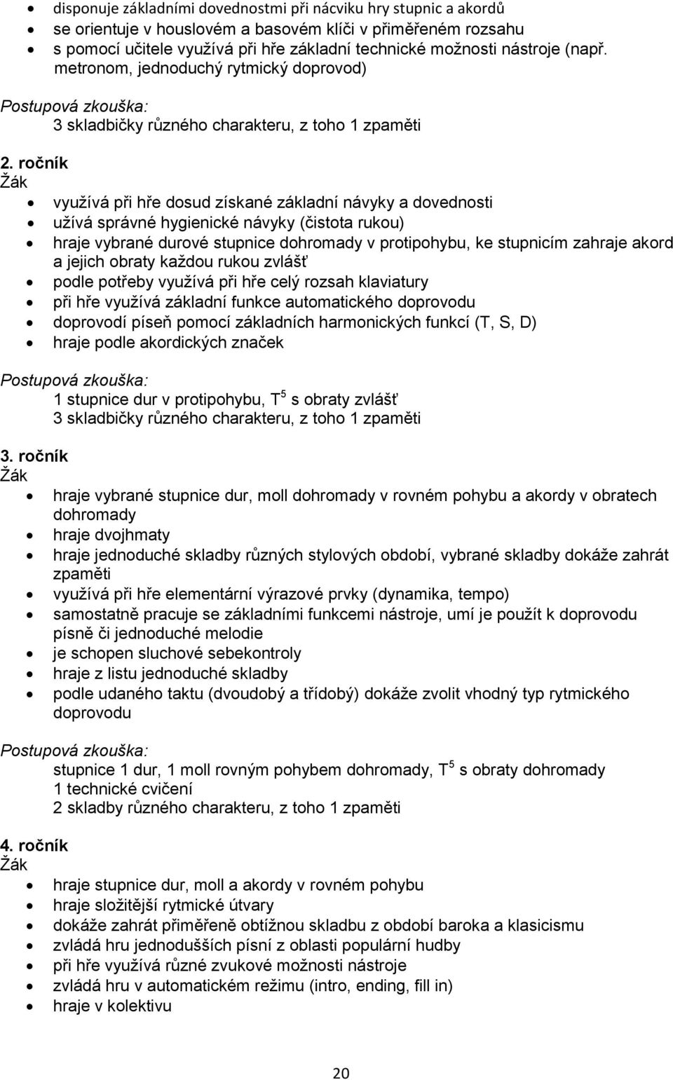 ročník využívá při hře dosud získané základní návyky a dovednosti užívá správné hygienické návyky (čistota rukou) hraje vybrané durové stupnice dohromady v protipohybu, ke stupnicím zahraje akord a