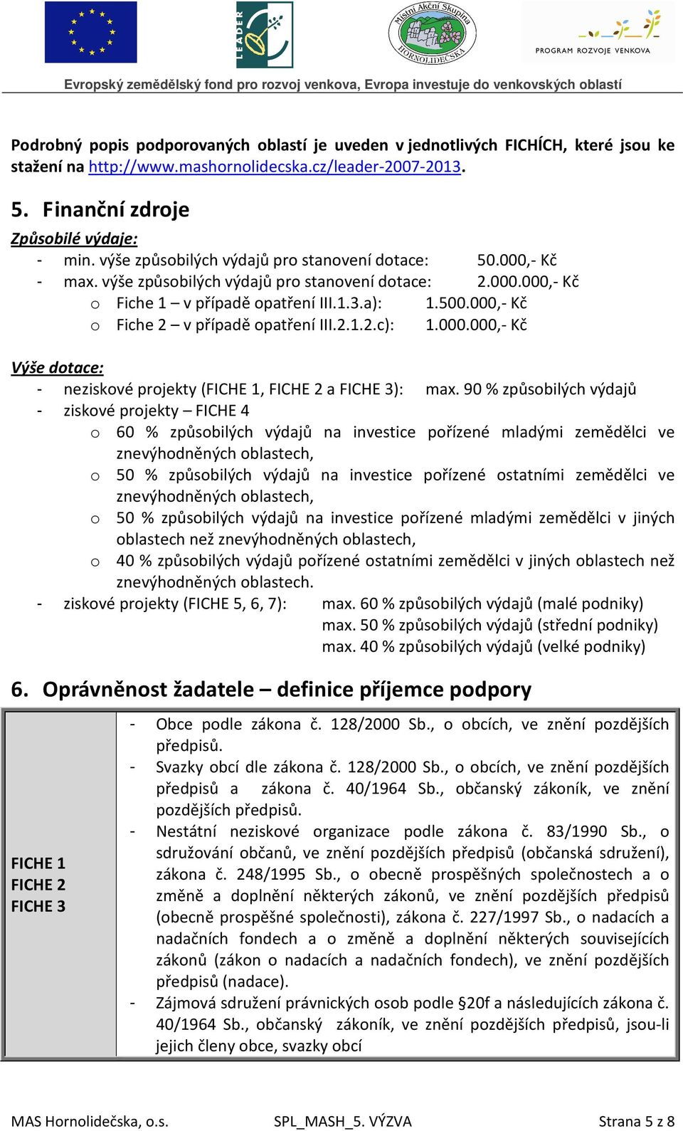 000,- Kč o Fiche 2 v případě opatření III.2.1.2.c): 1.000.000,- Kč Výše dotace: - neziskové projekty (FICHE 1, FICHE 2 a FICHE 3): max.