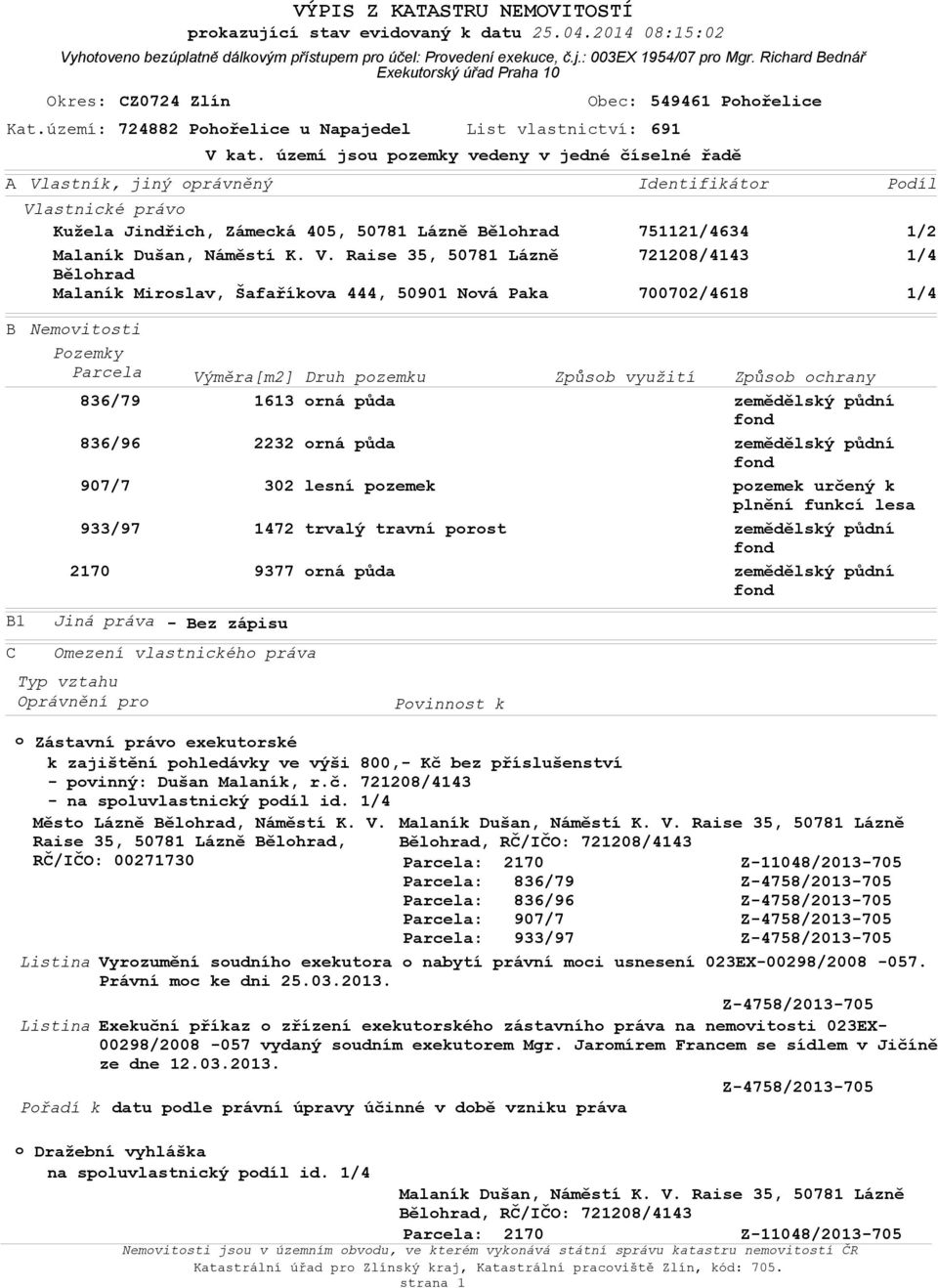 území: 724882 Phřelice u Napajedel List vlastnictví: 691 549461 Phřelice V kat.