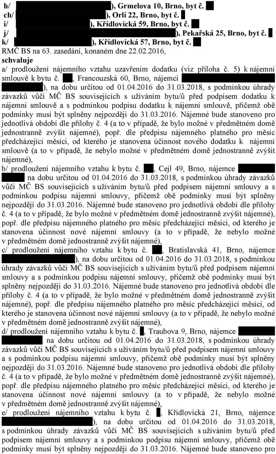 2018, s podmínkou úhrady závazků vůči MČ BS souvisejících s užíváním bytu/ů před podpisem dodatku k nájemní smlouvě a s podmínkou podpisu dodatku k nájemní smlouvě, přičemž obě podmínky musí být