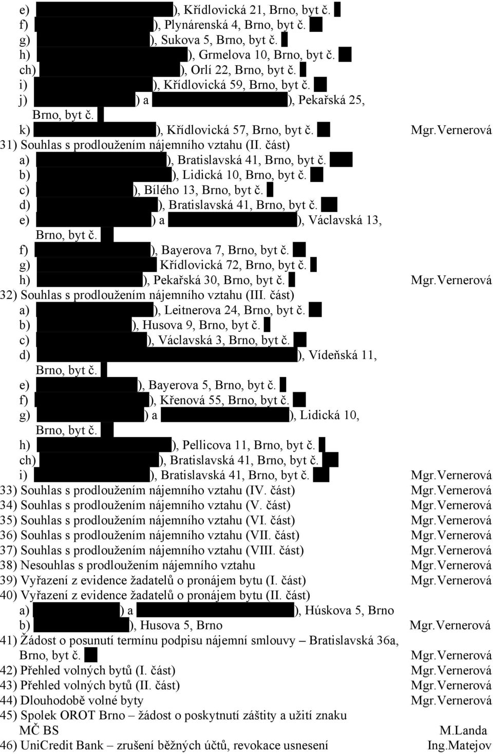 b) ), Lidická 10, Brno, byt č. c) ), Bílého 13, Brno, byt č. d) ), Bratislavská 41, Brno, byt č. e) ) a ), Václavská 13, Brno, byt č. f) ), Bayerova 7, Brno, byt č. g) Křídlovická 72, Brno, byt č.