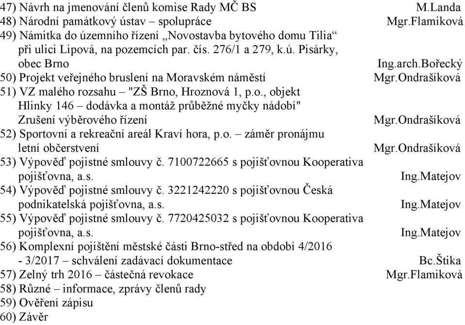 Bořecký 50) Projekt veřejného bruslení na Moravském náměstí Mgr.Ondrašíková 51) VZ malého rozsahu "ZŠ Brno, Hroznová 1, p.o., objekt Hlinky 146 dodávka a montáž průběžné myčky nádobí" Zrušení výběrového řízení Mgr.