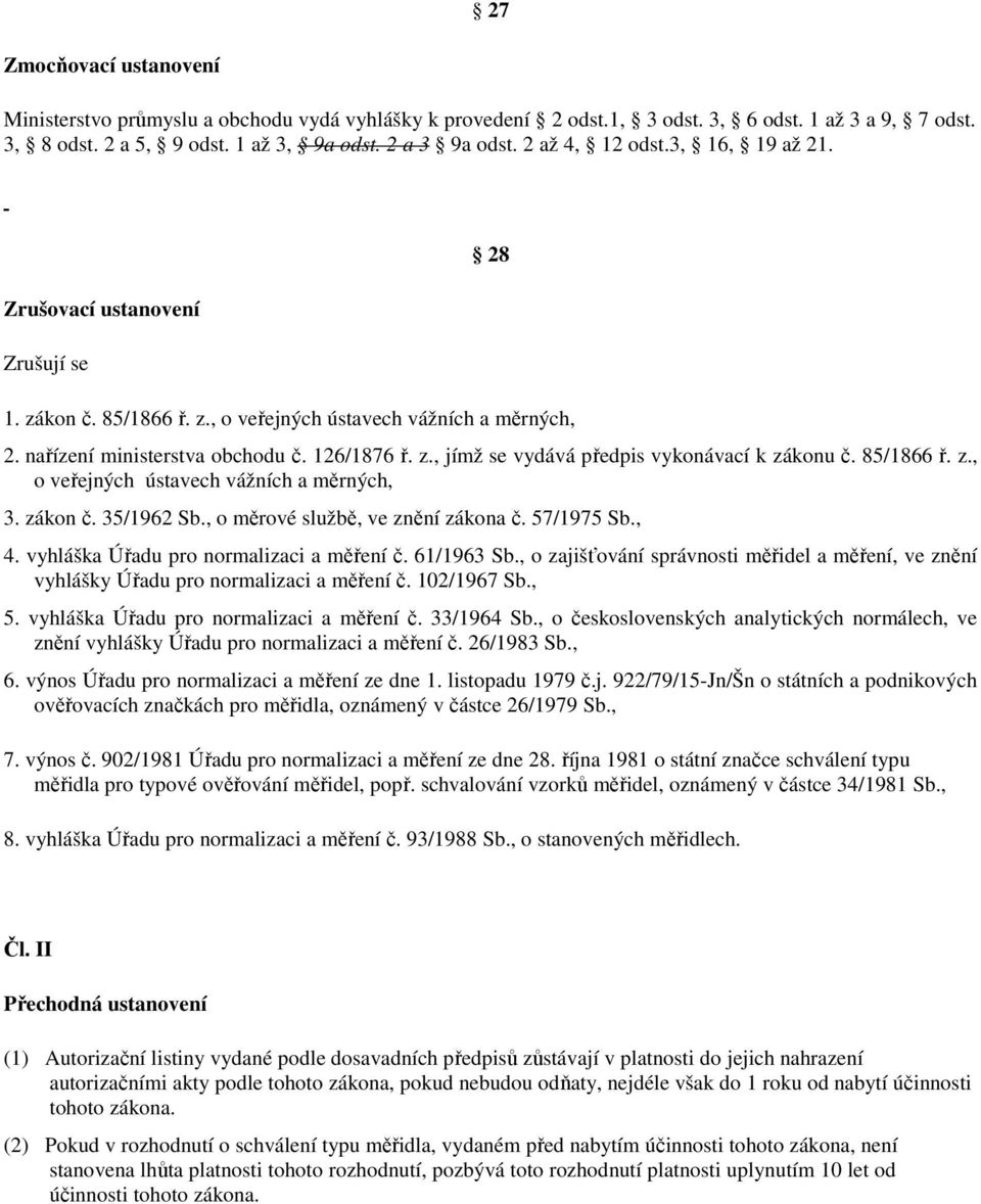 85/1866 ř. z., o veřejných ústavech vážních a měrných, 3. zákon č. 35/1962 Sb., o měrové službě, ve znění zákona č. 57/1975 Sb., 4. vyhláška Úřadu pro normalizaci a měření č. 61/1963 Sb.