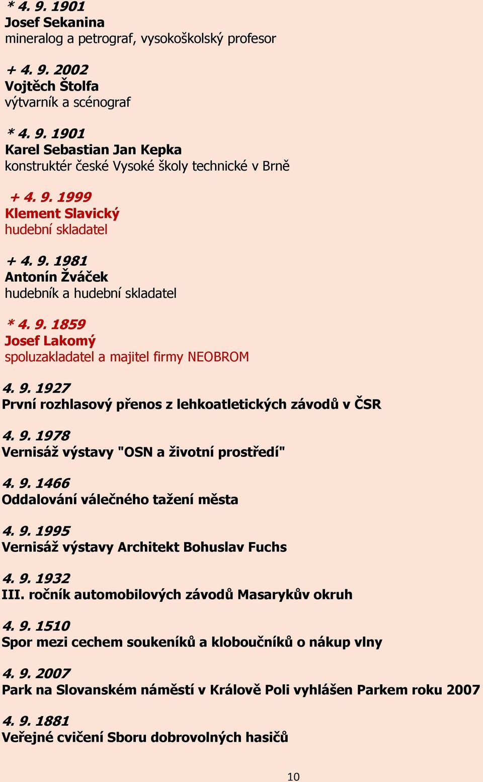 9. 1978 Vernisáž výstavy "OSN a životní prostředí" 4. 9. 1466 Oddalování válečného tažení města 4. 9. 1995 Vernisáž výstavy Architekt Bohuslav Fuchs 4. 9. 1932 III.