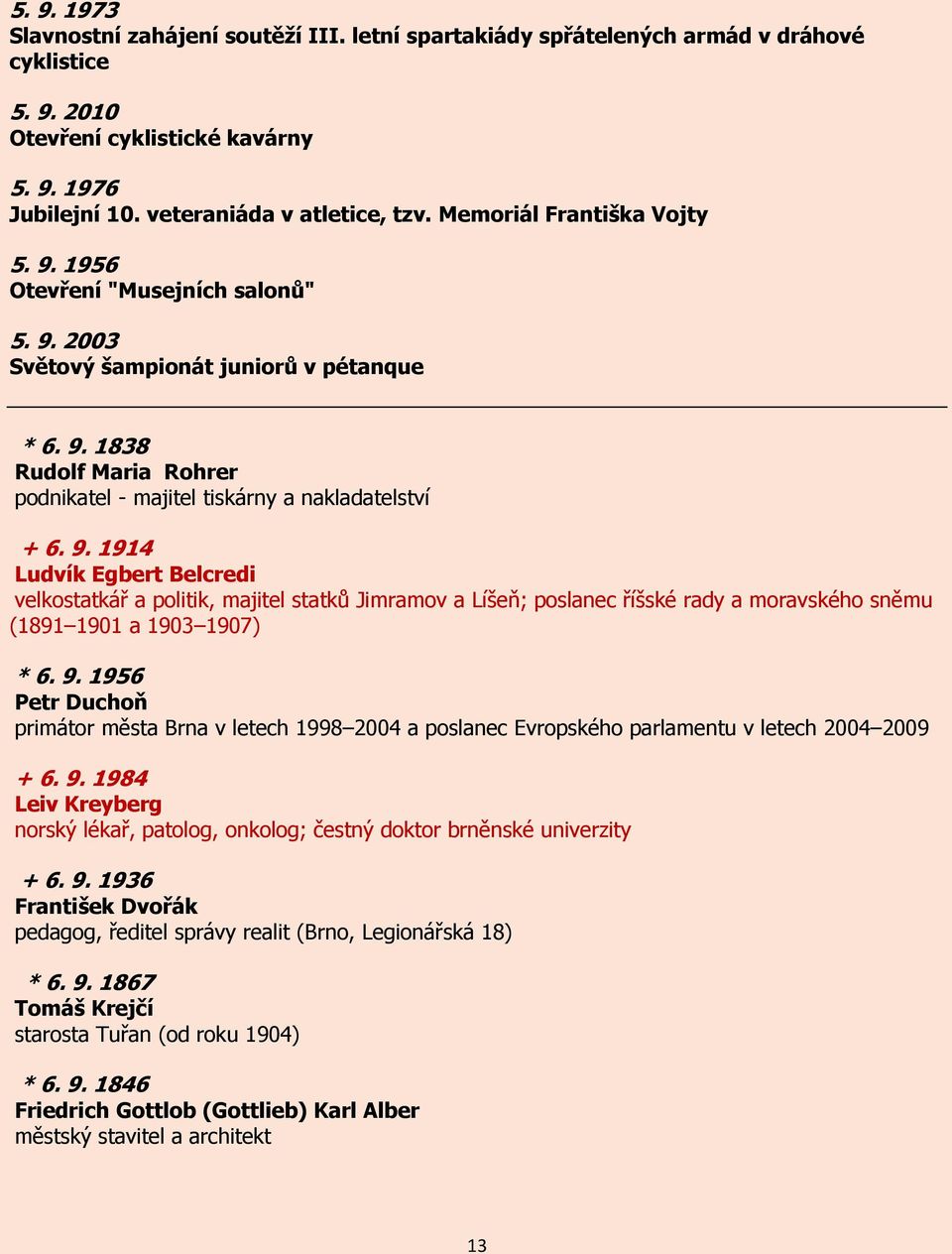 9. 1956 Petr Duchoň primátor města Brna v letech 1998 2004 a poslanec Evropského parlamentu v letech 2004 2009 + 6. 9.