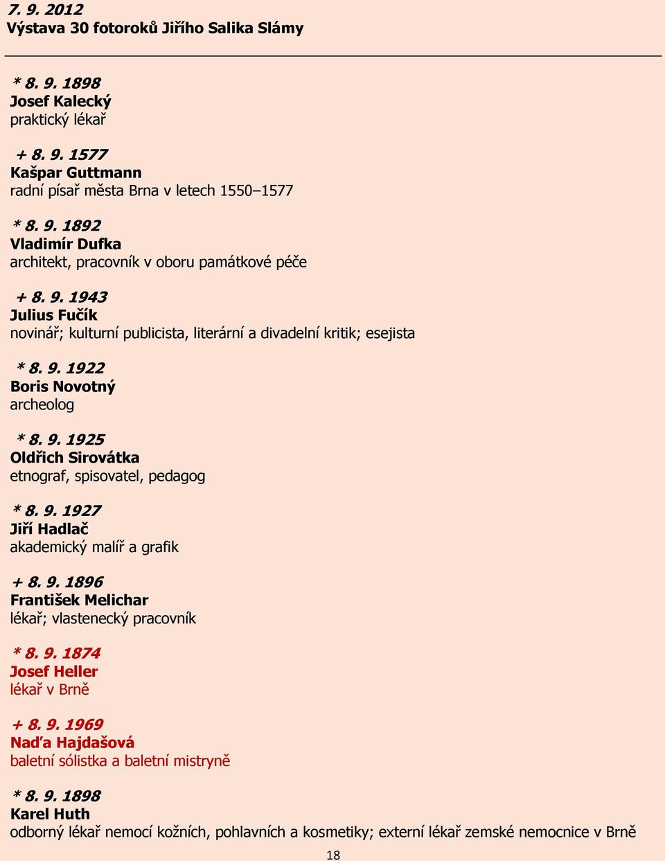 9. 1927 Jiří Hadlač akademický malíř a grafik + 8. 9. 1896 František Melichar lékař; vlastenecký pracovník * 8. 9. 1874 Josef Heller lékař v Brně + 8. 9. 1969 Naďa Hajdašová baletní sólistka a baletní mistryně * 8.