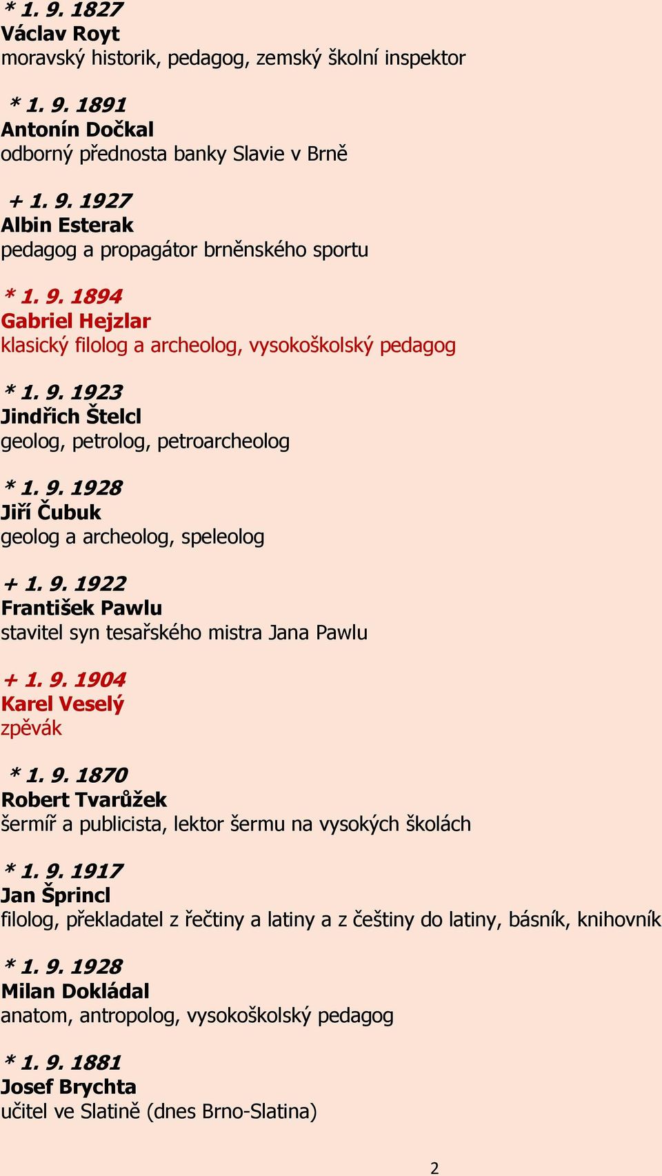 9. 1904 Karel Veselý zpěvák * 1. 9. 1870 Robert Tvarůžek šermíř a publicista, lektor šermu na vysokých školách * 1. 9. 1917 Jan Šprincl filolog, překladatel z řečtiny a latiny a z češtiny do latiny, básník, knihovník * 1.