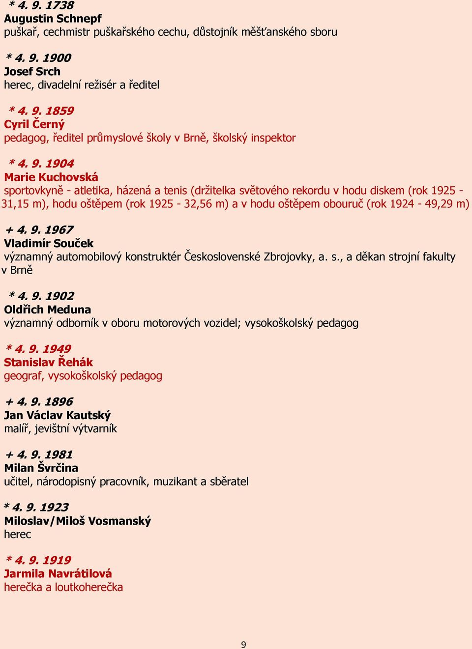 m) + 4. 9. 1967 Vladimír Souček významný automobilový konstruktér Československé Zbrojovky, a. s., a děkan strojní fakulty v Brně * 4. 9. 1902 Oldřich Meduna významný odborník v oboru motorových vozidel; vysokoškolský pedagog * 4.