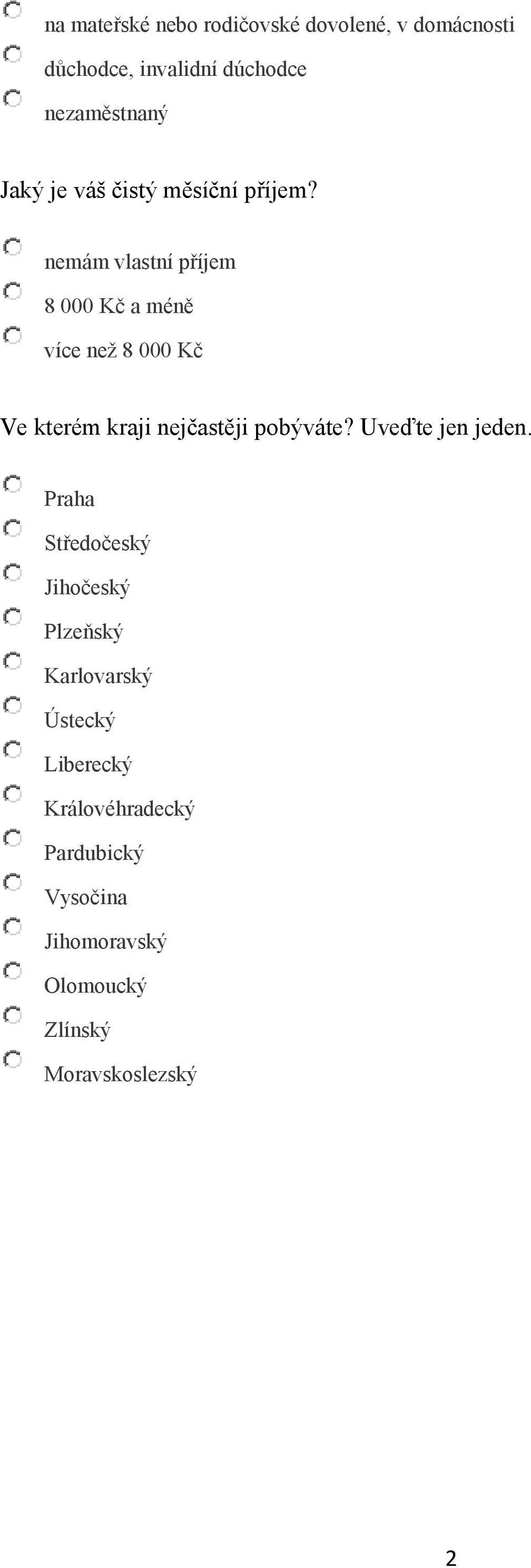 nemám vlastní příjem 8 000 Kč a méně více než 8 000 Kč Ve kterém kraji nejčastěji pobýváte?