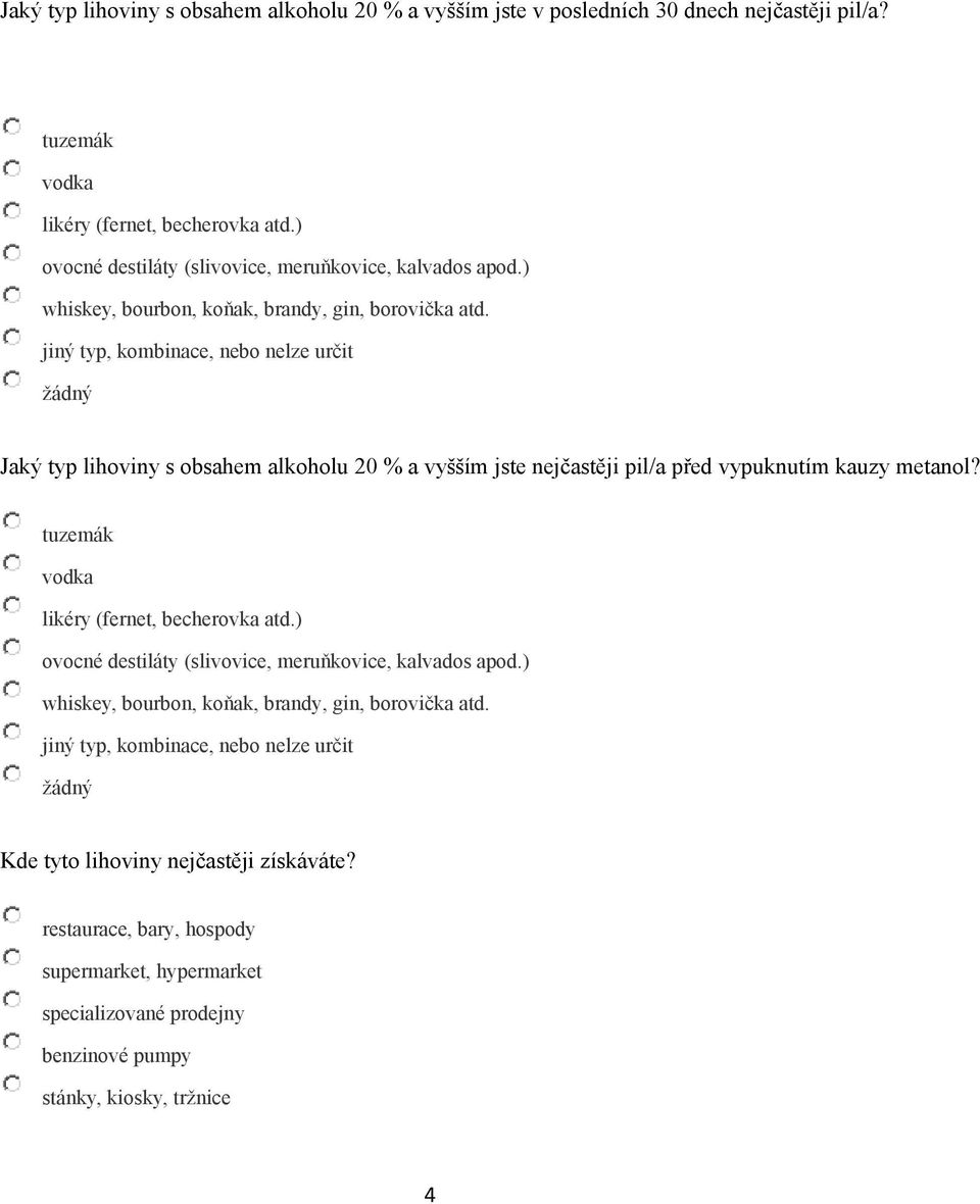 jiný typ, kombinace, nebo nelze určit žádný Jaký typ lihoviny s obsahem alkoholu 20 % a vyšším jste nejčastěji pil/a před vypuknutím kauzy metanol?