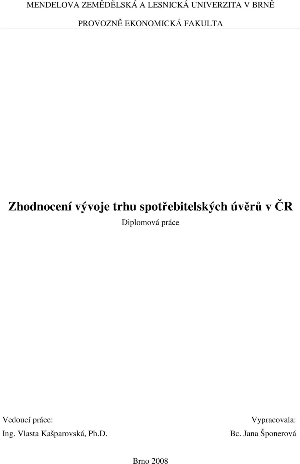 spotřebitelských úvěrů v ČR Diplomová práce Vedoucí