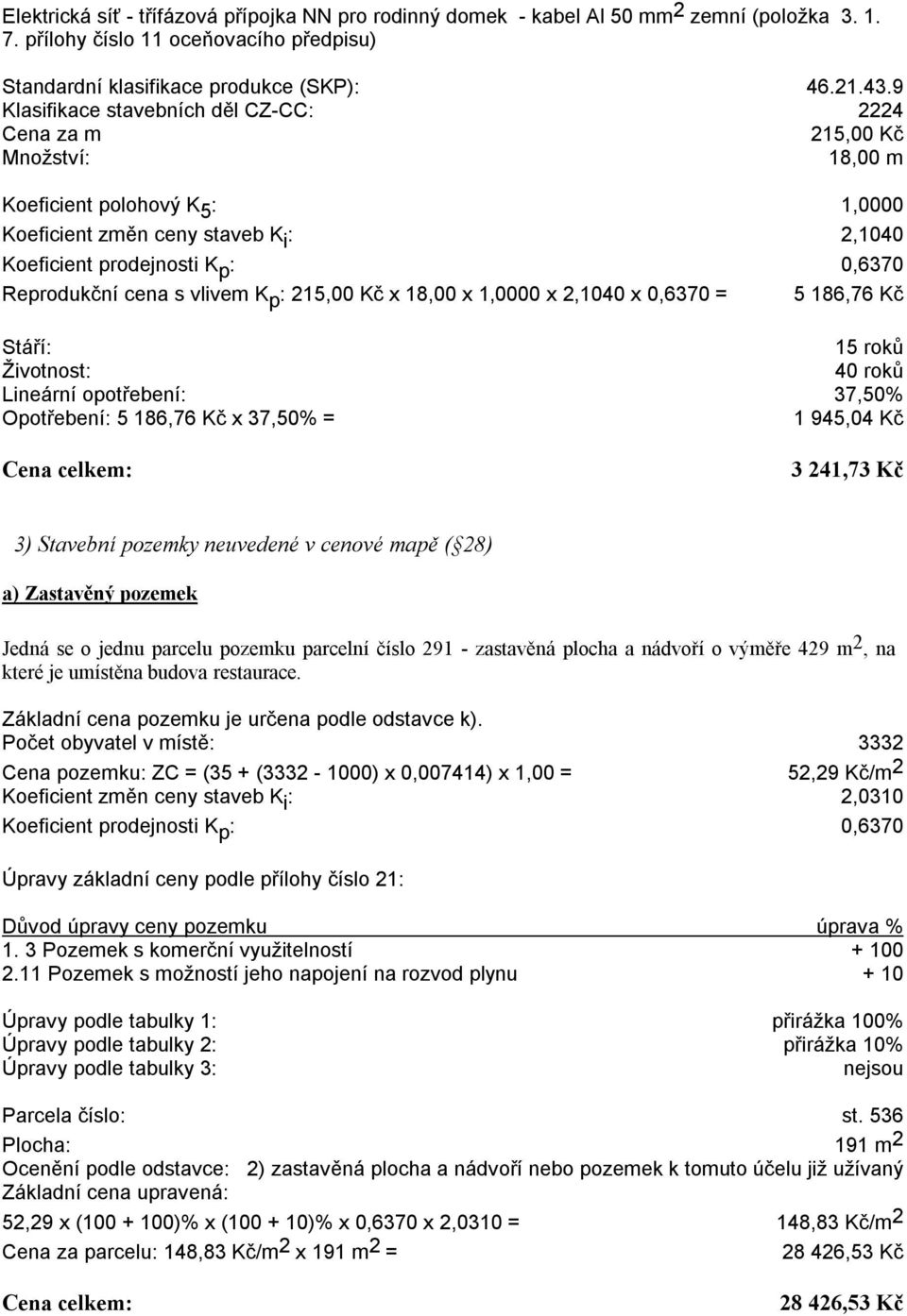 18,00 x 1,0000 x 2,1040 x 0,6370 = 5 186,76 Kč Stáří: 15 roků Životnost: 40 roků Lineární opotřebení: 37,50% Opotřebení: 5 186,76 Kč x 37,50% = 1 945,04 Kč 3 241,73 Kč 3) Stavební pozemky neuvedené v