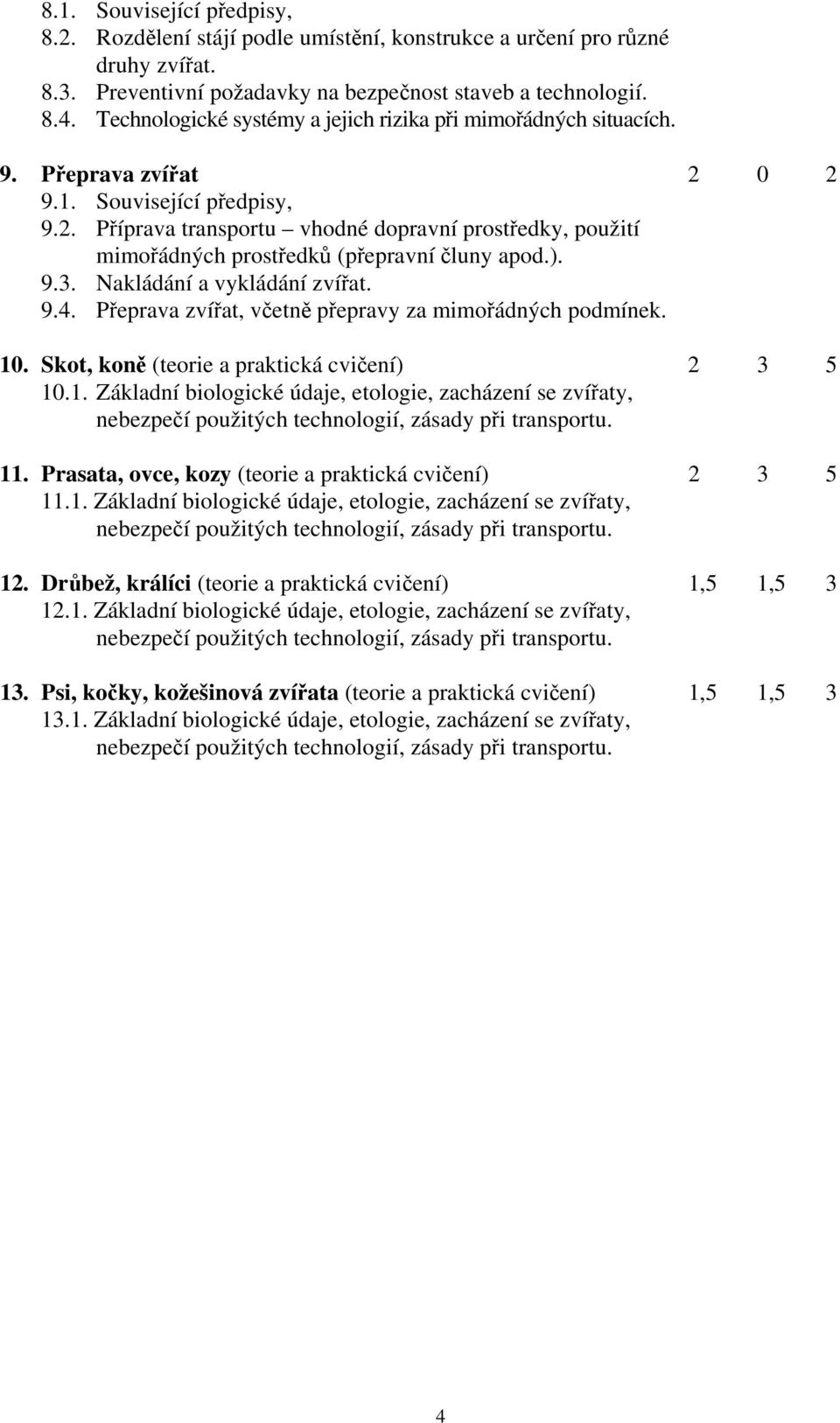 ). 9.3. Nakládání a vykládání zvířat. 9.4. Přeprava zvířat, včetně přepravy za mimořádných podmínek. 10. Skot, koně (teorie a praktická cvičení) 2 3 5 10.1. Základní biologické údaje, etologie, zacházení se zvířaty, 11.