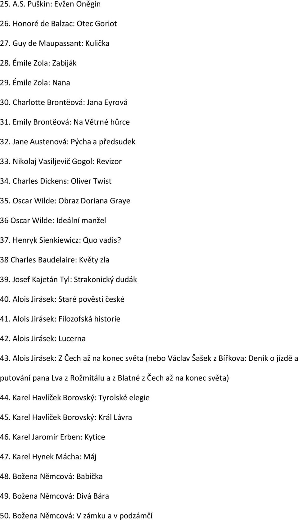 Oscar Wilde: Obraz Doriana Graye 36 Oscar Wilde: Ideální manžel 37. Henryk Sienkiewicz: Quo vadis? 38 Charles Baudelaire: Květy zla 39. Josef Kajetán Tyl: Strakonický dudák 40.