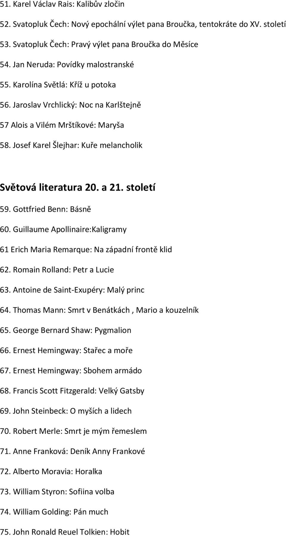 Josef Karel Šlejhar: Kuře melancholik Světová literatura 20. a 21. století 59. Gottfried Benn: Básně 60. Guillaume Apollinaire:Kaligramy 61 Erich Maria Remarque: Na západní frontě klid 62.