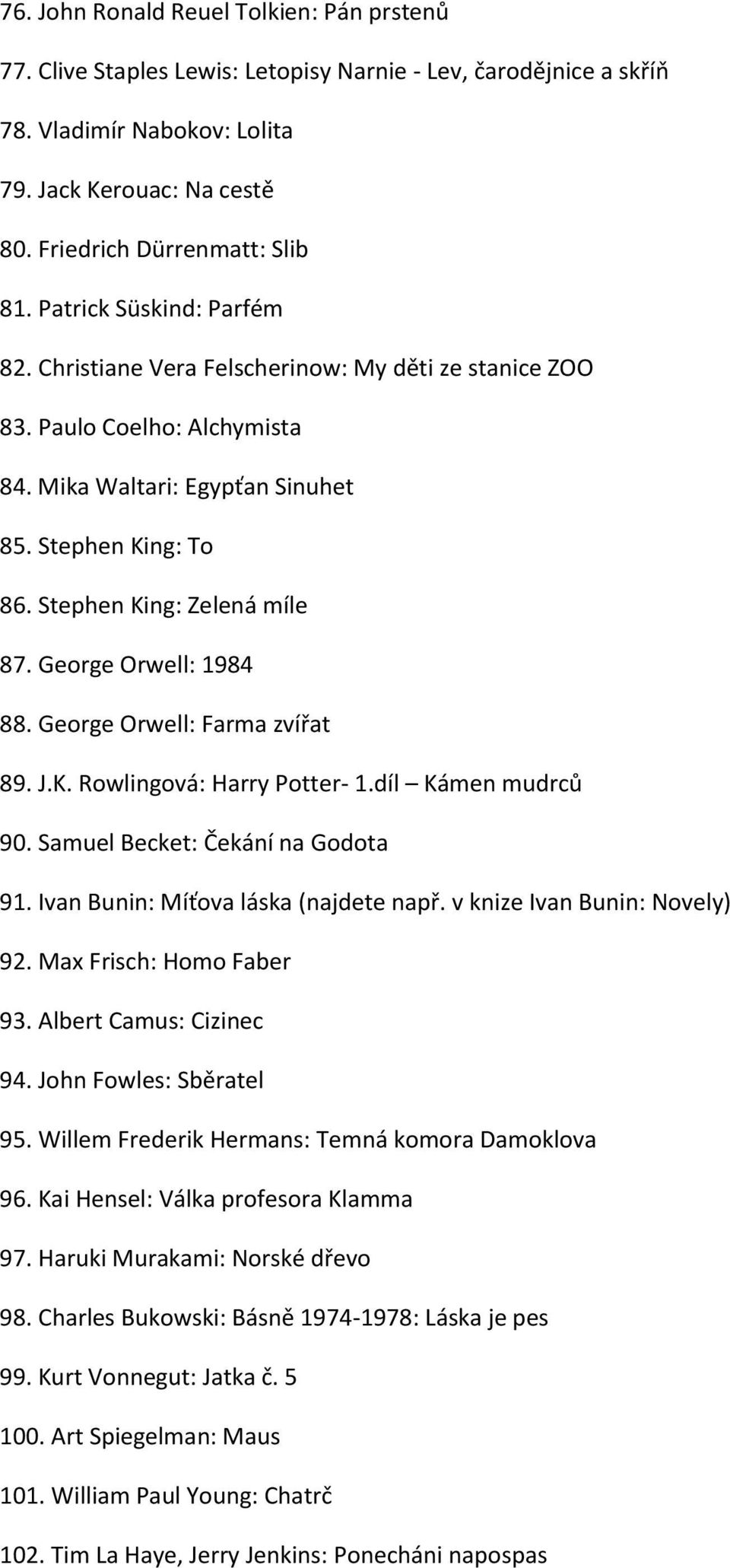 Stephen King: Zelená míle 87. George Orwell: 1984 88. George Orwell: Farma zvířat 89. J.K. Rowlingová: Harry Potter- 1.díl Kámen mudrců 90. Samuel Becket: Čekání na Godota 91.