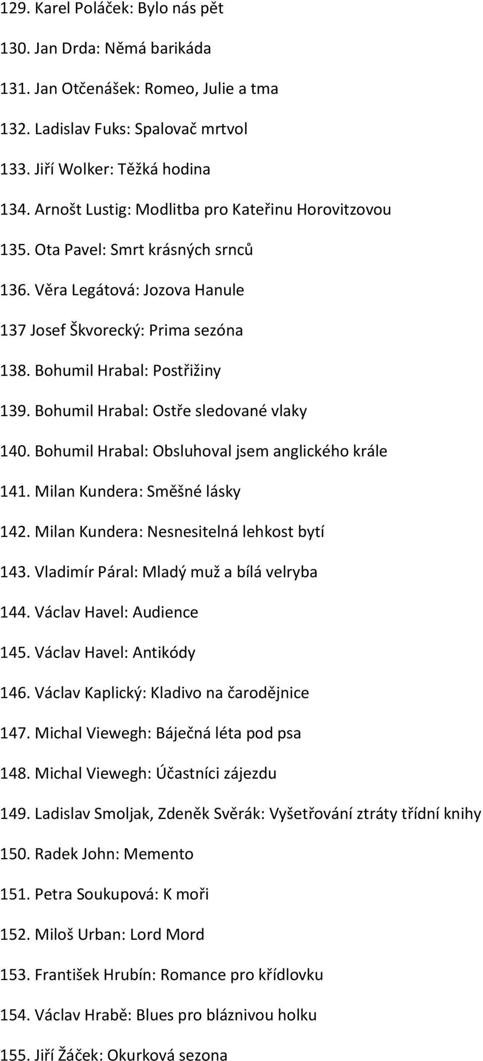 Bohumil Hrabal: Ostře sledované vlaky 140. Bohumil Hrabal: Obsluhoval jsem anglického krále 141. Milan Kundera: Směšné lásky 142. Milan Kundera: Nesnesitelná lehkost bytí 143.