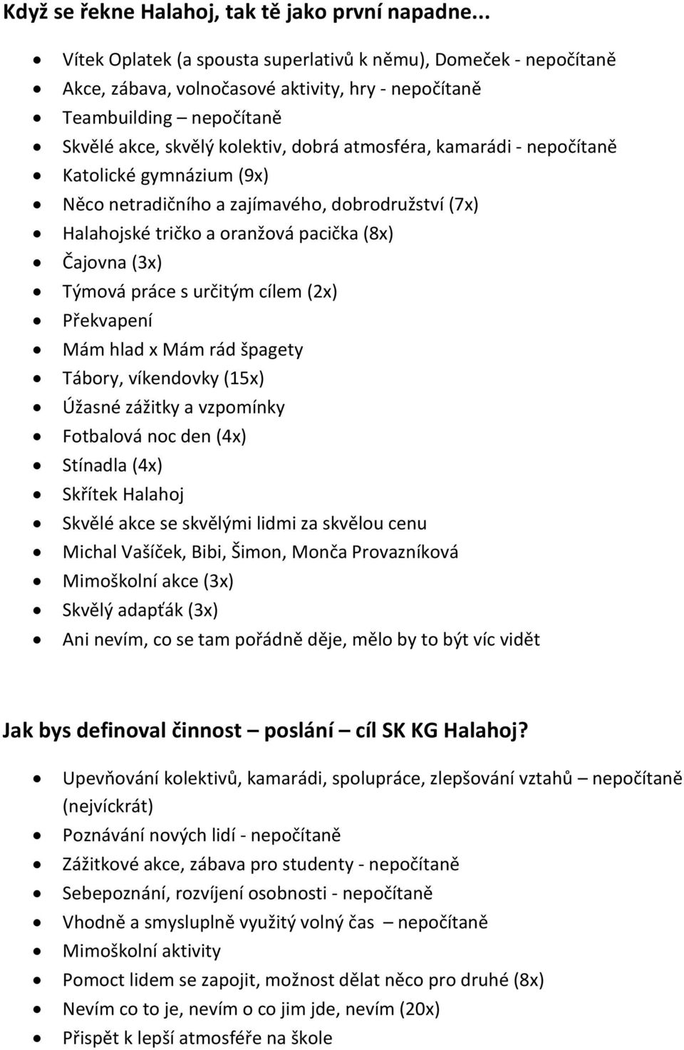 kamarádi - nepočítaně Katolické gymnázium (9x) Něco netradičního a zajímavého, dobrodružství (7x) Halahojské tričko a oranžová pacička (8x) Čajovna (3x) Týmová práce s určitým cílem (2x) Překvapení