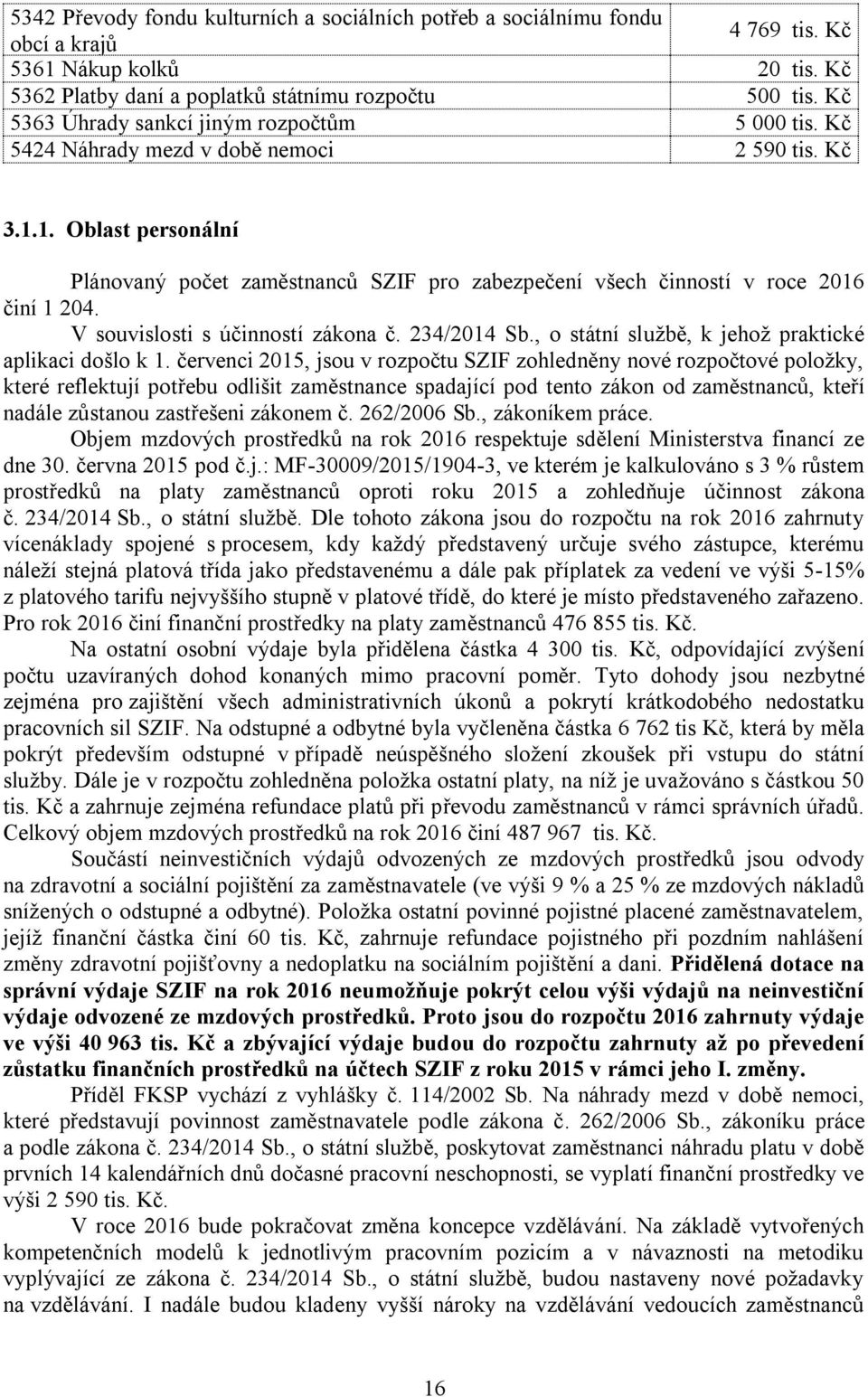 1. Oblast personální Plánovaný počet zaměstnanců SZIF pro zabezpečení všech činností v roce 2016 činí 1 204. V souvislosti s účinností zákona č. 234/2014 Sb.