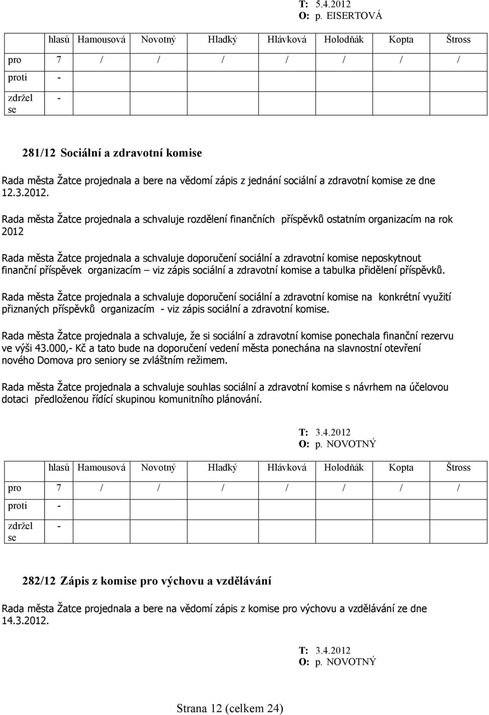Rada města Žatce projednala a schvaluje rozdělení finančních příspěvků ostatním organizacím na rok 2012 Rada města Žatce projednala a schvaluje doporučení sociální a zdravotní komi neposkytnout