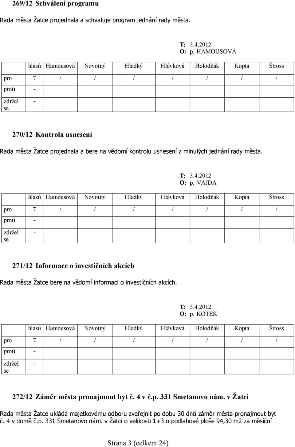 VAJDA proti 271/12 Informace o investičních akcích Rada města Žatce bere na vědomí informaci o investičních akcích. proti 272/12 Záměr města pronajmout byt č.
