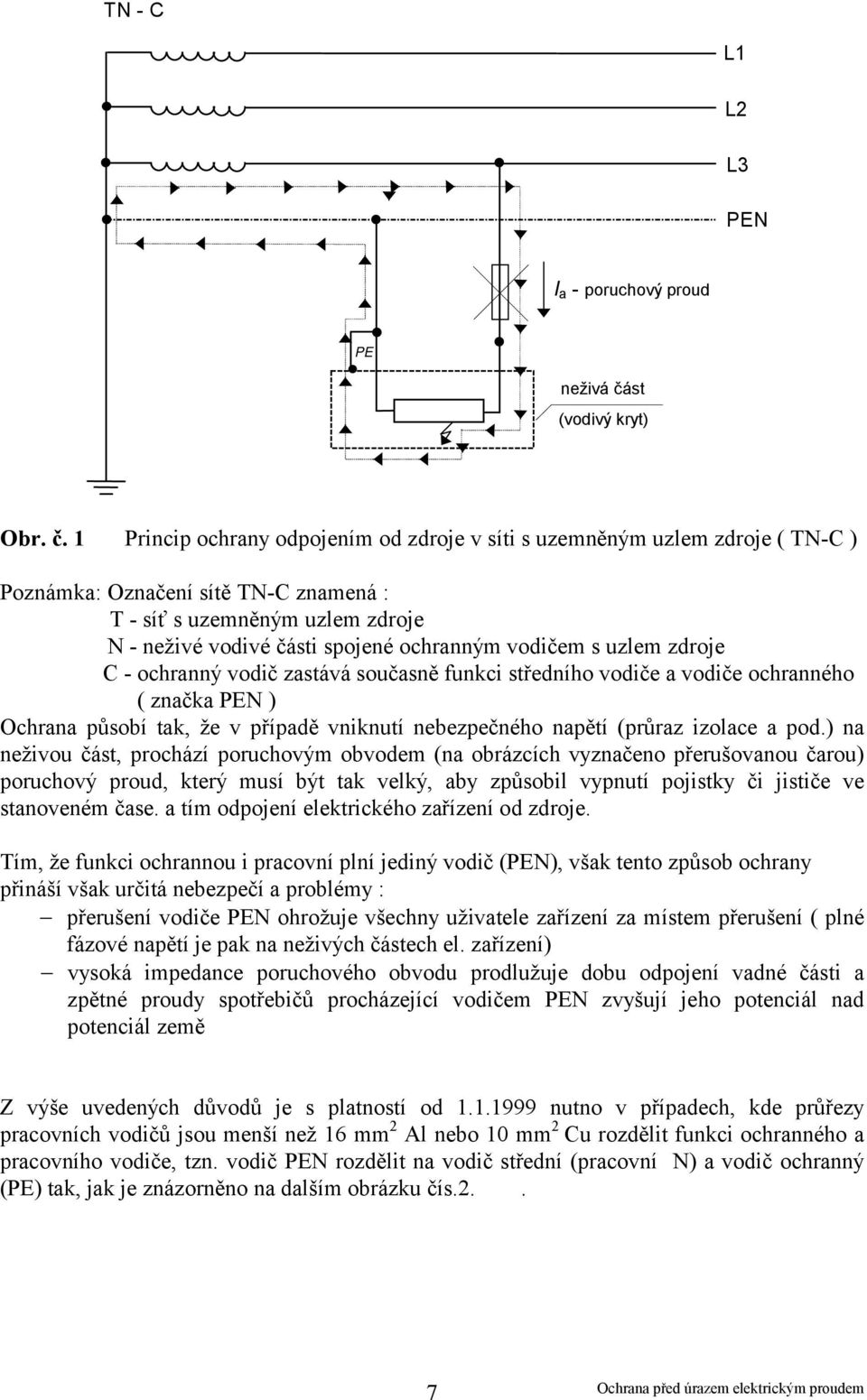 1 Princip ochrany odpojením od zdroje v síti s uzemněným uzlem zdroje ( TN-C ) Poznámka: Označení sítě TN-C znamená : T - síť s uzemněným uzlem zdroje N - neživé vodivé části spojené ochranným