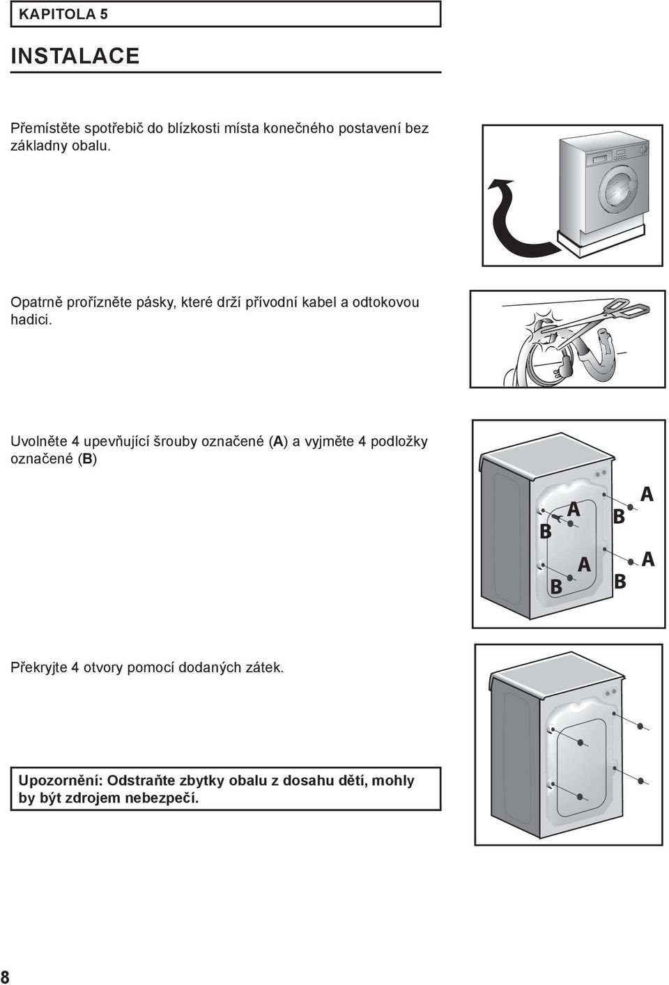 Uvolněte 4 upevňující šrouby označené (A) a vyjměte 4 podložky označené (B) Překryjte 4