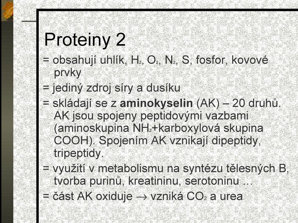 AK jsou spojeny peptidovými vazbami (aminoskupina NH2+karboxylová skupina COOH).