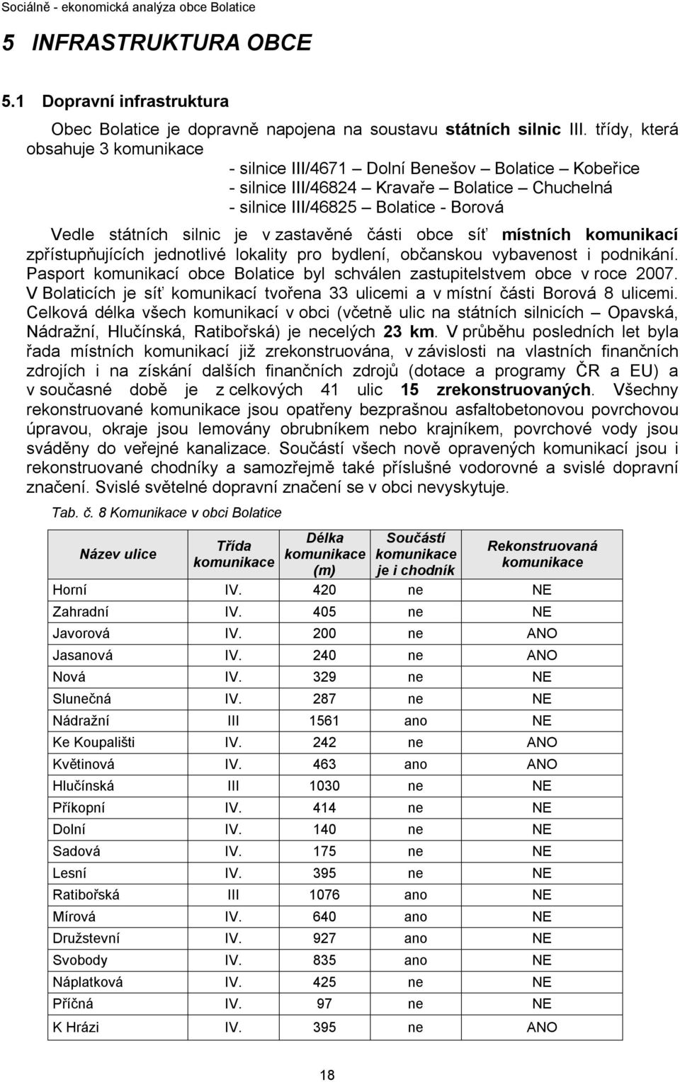 zastavěné části obce síť místních komunikací zpřístupňujících jednotlivé lokality pro bydlení, občanskou vybavenost i podnikání.