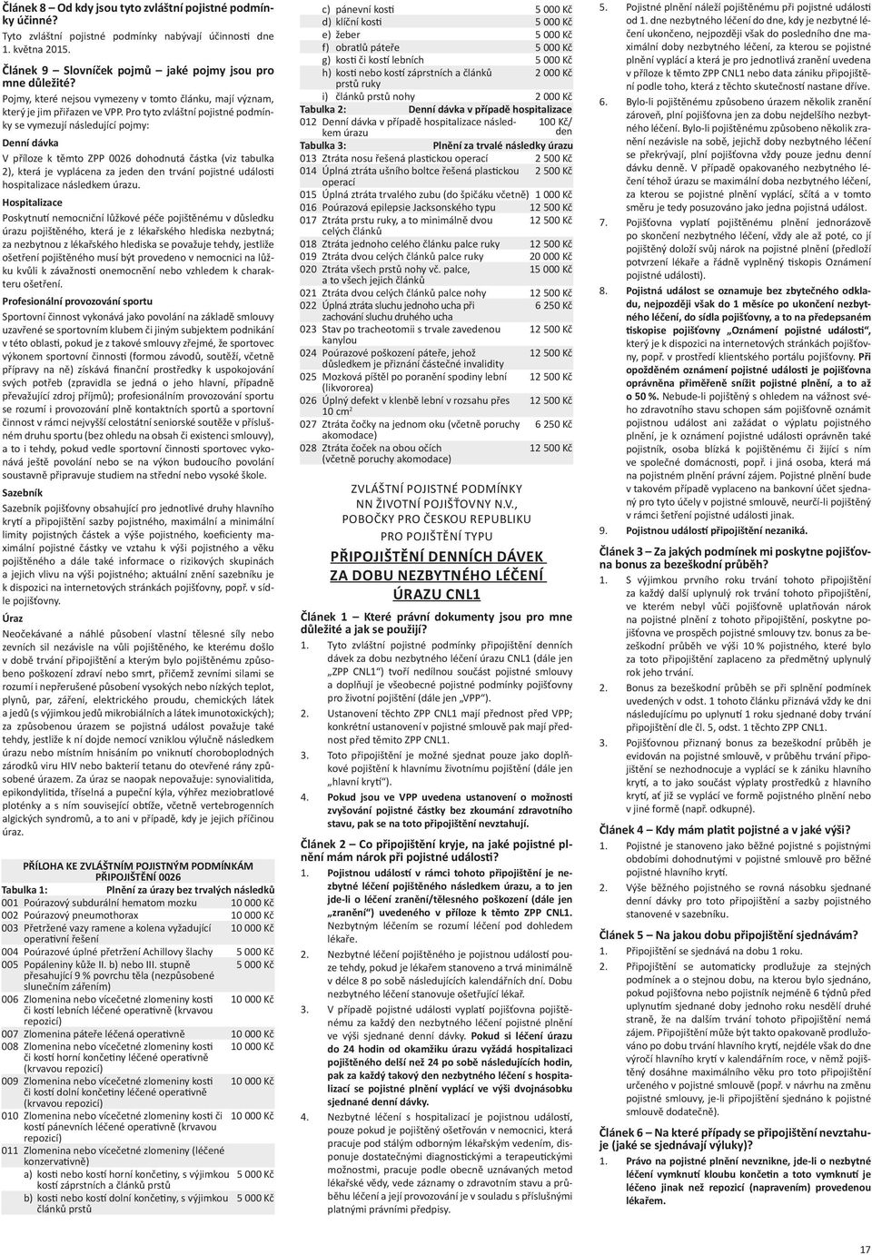 Pro tyto zvláštní pojistné podmínky se vymezují následující pojmy: Denní dávka V příloze k těmto ZPP 0026 dohodnutá částka (viz tabulka 2), která je vyplácena za jeden den trvání pojistné událos