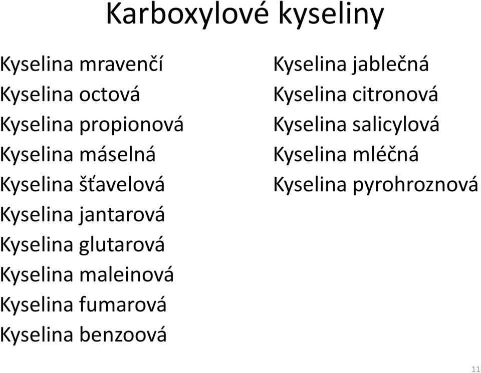 Kyselina maleinová Kyselina fumarová Kyselina benzoová Kyselina jablečná