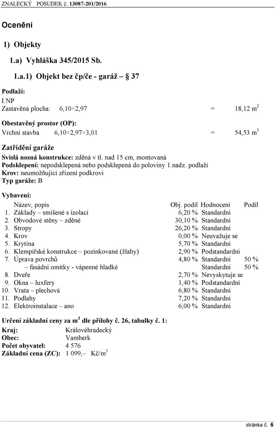 nad 15 cm, montovaná Podsklepení: nepodsklepená nebo podsklepená do poloviny 1.nadz. podlaží Krov: neumožňující zřízení podkroví Typ garáže: B Vybavení: Název, popis Obj. podíl Hodnocení Podíl 1.