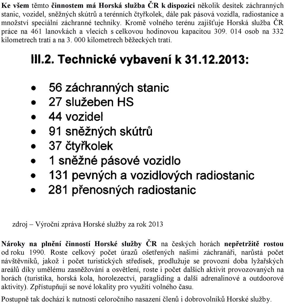 000 kilometrech běţeckých tratí. zdroj Výroční zpráva Horské sluţby za rok 2013 Nároky na plnění činností Horské služby ČR na českých horách nepřetržitě rostou od roku 1990.