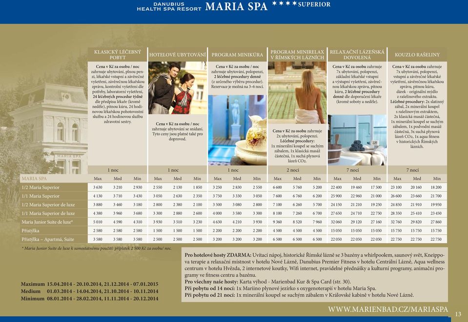HOTELOVÉ UBYTOVÁNÍ zahrnuje ubytování se snídaní. Tyto ceny jsou platné také pro doprovod. PROGRAM MINIKÚRA zahrnuje ubytování, polopenzi, 2 léčebné procedury denně (z určeného výběru procedur).