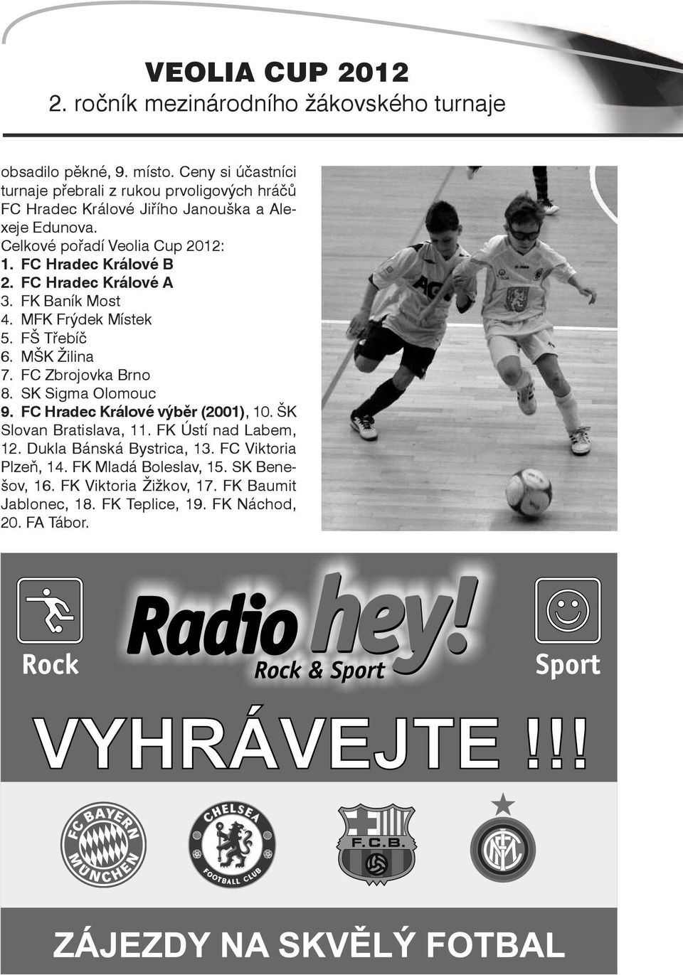 FC Hradec Králové B 2. FC Hradec Králové A 3. FK Baník Most 4. MFK Frýdek Místek 5. FŠ Třebíč 6. MŠK Žilina 7. FC zbrojovka Brno 8. SK Sigma Olomouc 9.