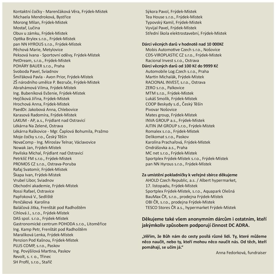 Bezruče, Frýdek-Místek Abrahámová Vilma, Frýdek-Místek Ing. Bubeníková Evženie, Frýdek-Místek Hejčíková Jiřina, Frýdek-Místek Hrochová Anna, Frýdek-Místek PaedDr.