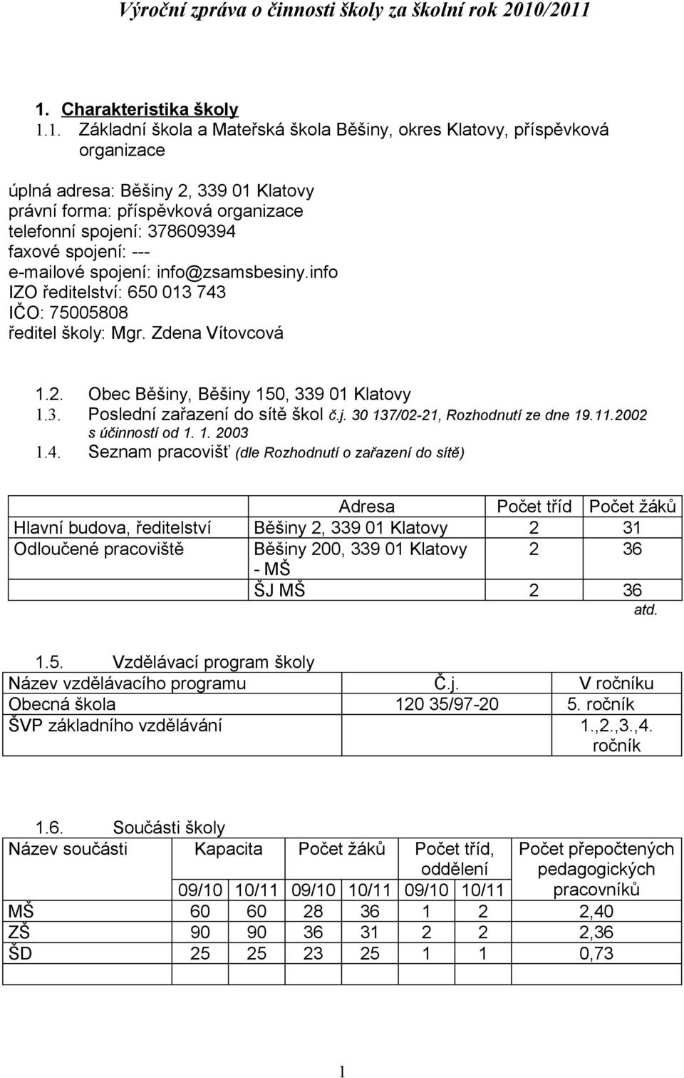 spojení: 378609394 faxové spojení: --- e-mailové spojení: info@zsamsbesiny.info IZO ředitelství: 650 013 743 IČO: 75005808 ředitel školy: Mgr. Zdena Vítovcová 1.2.